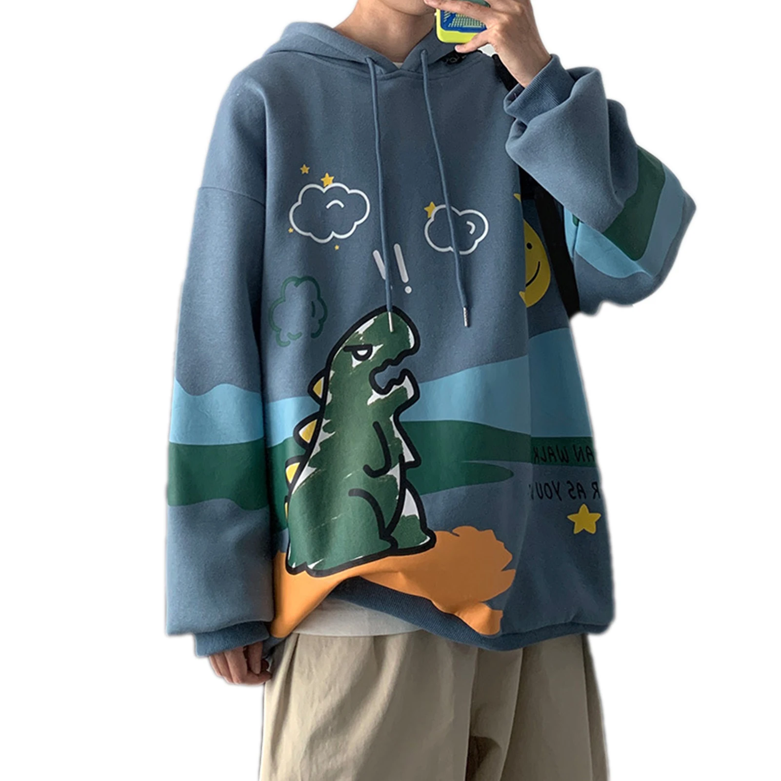 Men Winter Cartoon Dinosaur Print Pullover Long Sleeve Sweatshirt Loose Hoodie