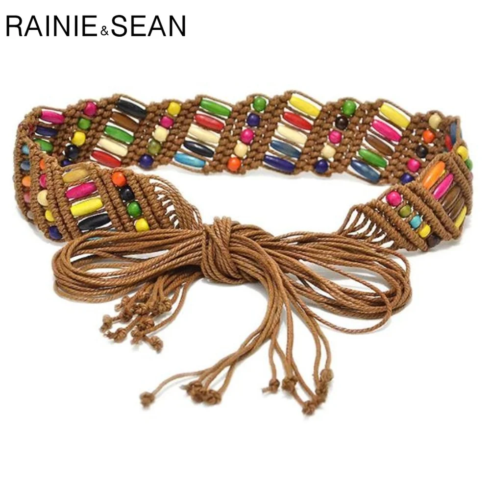 RAINIE SEAN Ladies Waist Belt For Dress Braided Womens Belt Ethnic Colourful Wooden Bead Belts For Women Handmade Wide Strap