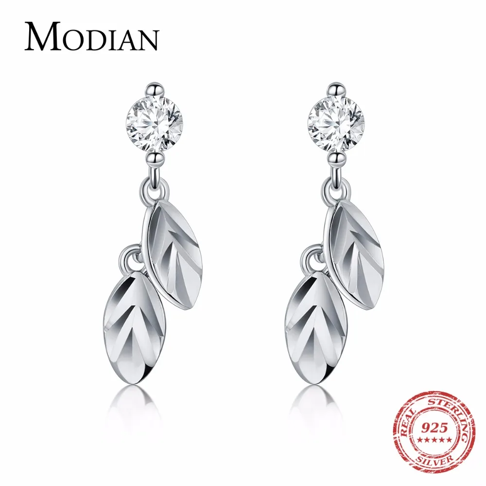 Modian Hot Sale Fashion Tree Leaf Swing Clear Cubic Zirconia Stud Earrings For Women Original Trendy 925 Sterling Silver Jewelry