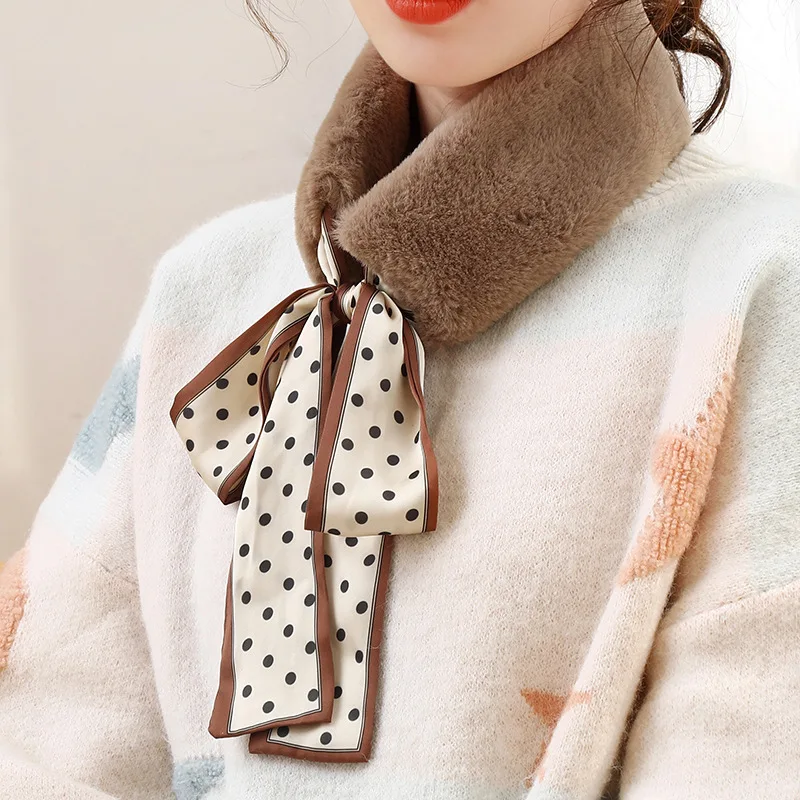 2021 New Dot Silk Printed Scarf Women Winter Warm Fashion Thicken Fur Neck Collar Scarves for Ladies Happy New Year Gifts