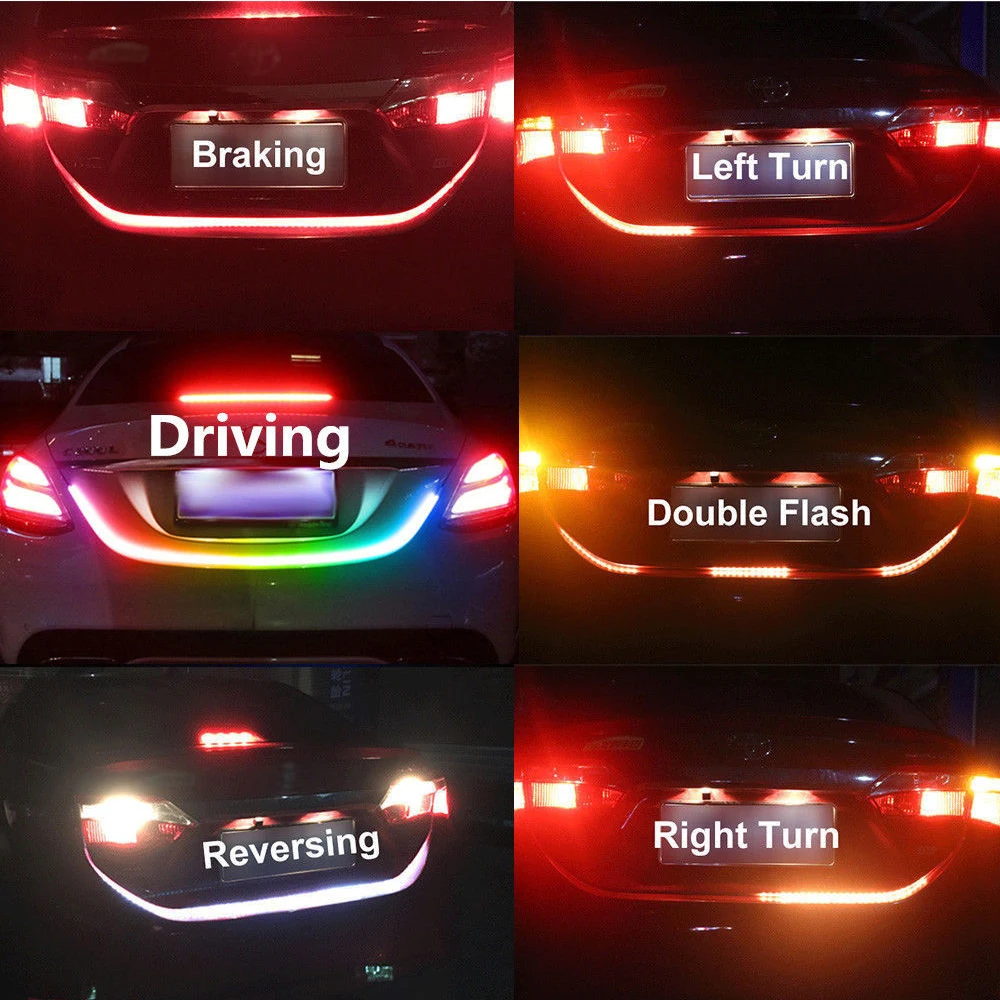 120cm Car Rear Trunk Lights Multicolor RGB Tail box Light Dynamic Streamer Brake Turn Signal Warning LED Strip Car Styling