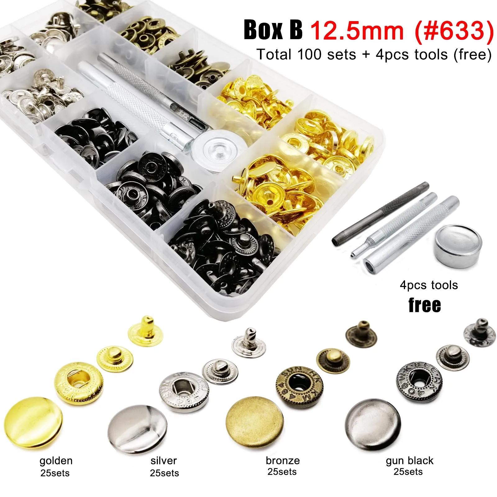 60/100 sets #655 10mm #633 12.5mm #831 #201 15mm Metal No Sewing Snap Fastener Button Press Popper Assortment Kit Box with Tools