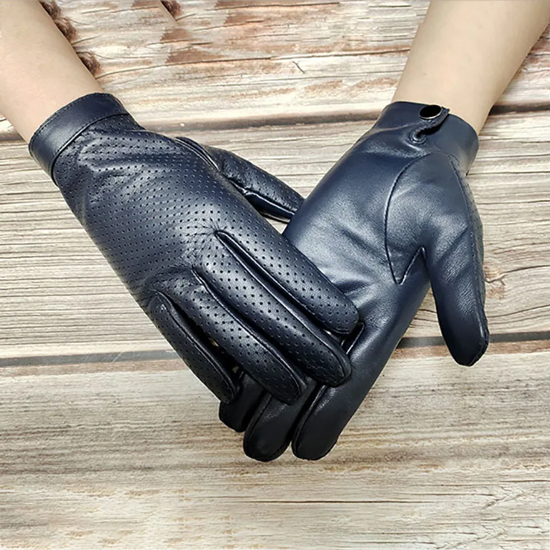 Summer Leather Driving Gloves Men\'s Sheepskin Touch Screen 2021 New Eyelet Breathable Thin Motorcycle Riding Driver Gloves