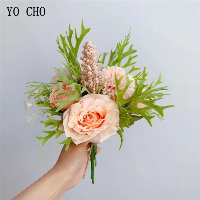 YO CHO-flores artificiales de champán, peonía de seda, rosa, ramo de novia, decoración del hogar, boda, álbum de recortes, bricolaje, ramo Flore de tela