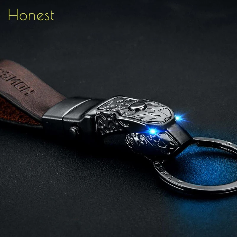 Honest Men Women Car Key Chain High-Grade LED Lighting Custom Engraved Keychains Leather Rope Jewelry Key Ring Holder Best Gift