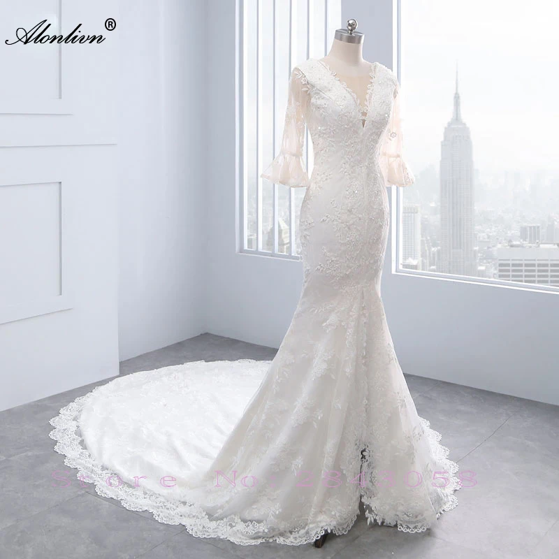 

Alonlivn Vintage V-neck Mermaid Wedding Dresses Unique Appliques Lace Flare Sleeves With Button Sweep Train Bridal Gowns