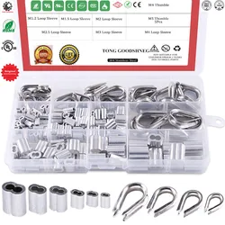 M2-M5,304 Stainless Steel Thimble Aluminum Crimping Loop Sleeve Assortment Kit for Diameter Wire Rope Cable Thimbles Rigging