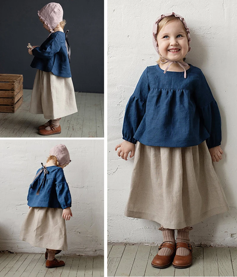 Chic Back Bow Tie Linen Shirt Girls 2024 New Solid Color Casual Loose Baby Kids Long-Sleeved Blouse Autumn Clothes