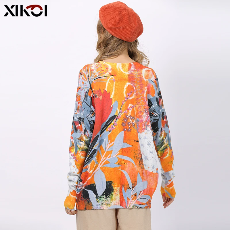 XIKOI Fashion Print Sweater For Women Winter Oversized Pullover Autumn Long Sleeves O-Neck Jumper Knitted Pull Femme Plus Size