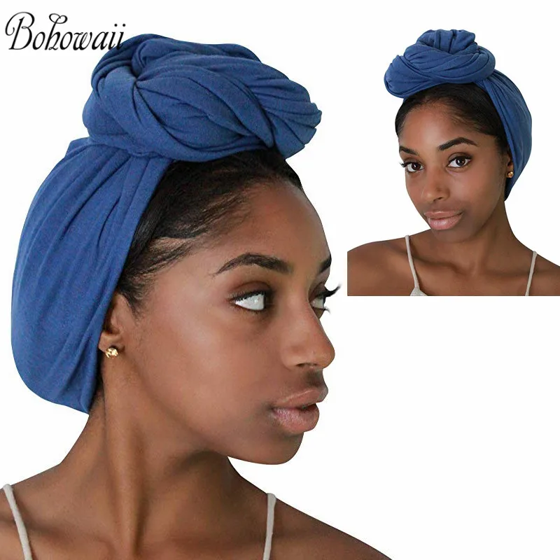 BOHOWAII Casual Jersey Turbante Solid Color Head Wrap -Stretch Long Hair Scarf Turban Tie Bonnet Hijab Scarves 180x80cm Tulband