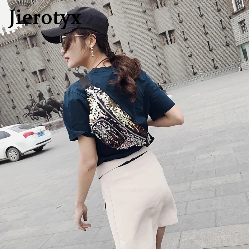 JIEROTYX Waist Bag For Women Fashion Chest Pack Luxury Brand Paillette Casual Travel Bum Belt Bag Belly Bags Women\'s Fanny Pack