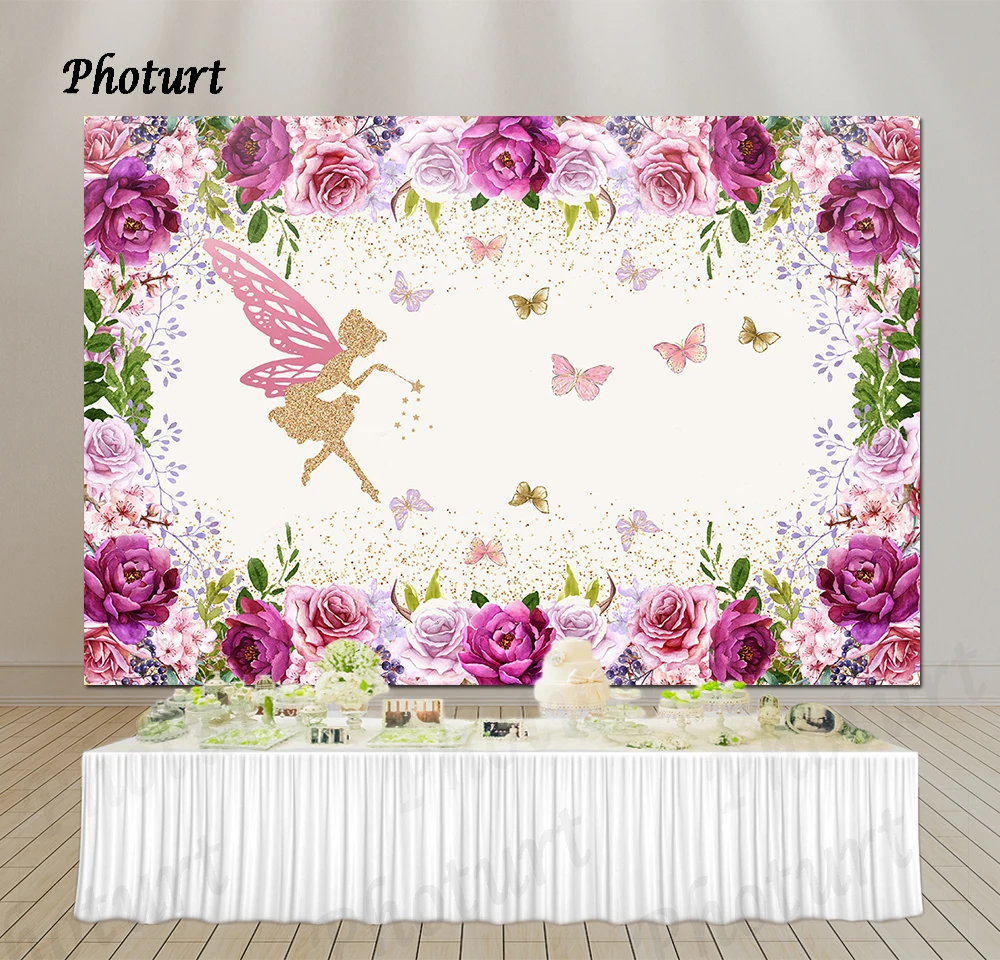 PHOTURT Flower Fairy Photography Backdrop Girls Birthday Party Decorate Photo Background Pink Butterfly Vinyl Photo Props