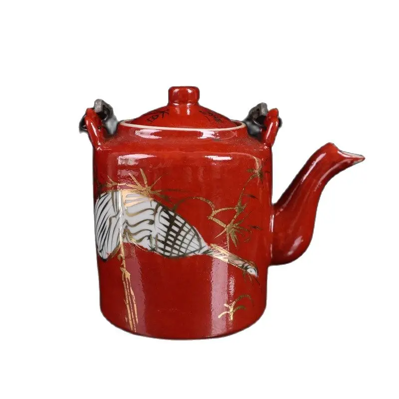 Chinese Old Porcelain Painted Gold Sand Red Crane Pattern Teapot