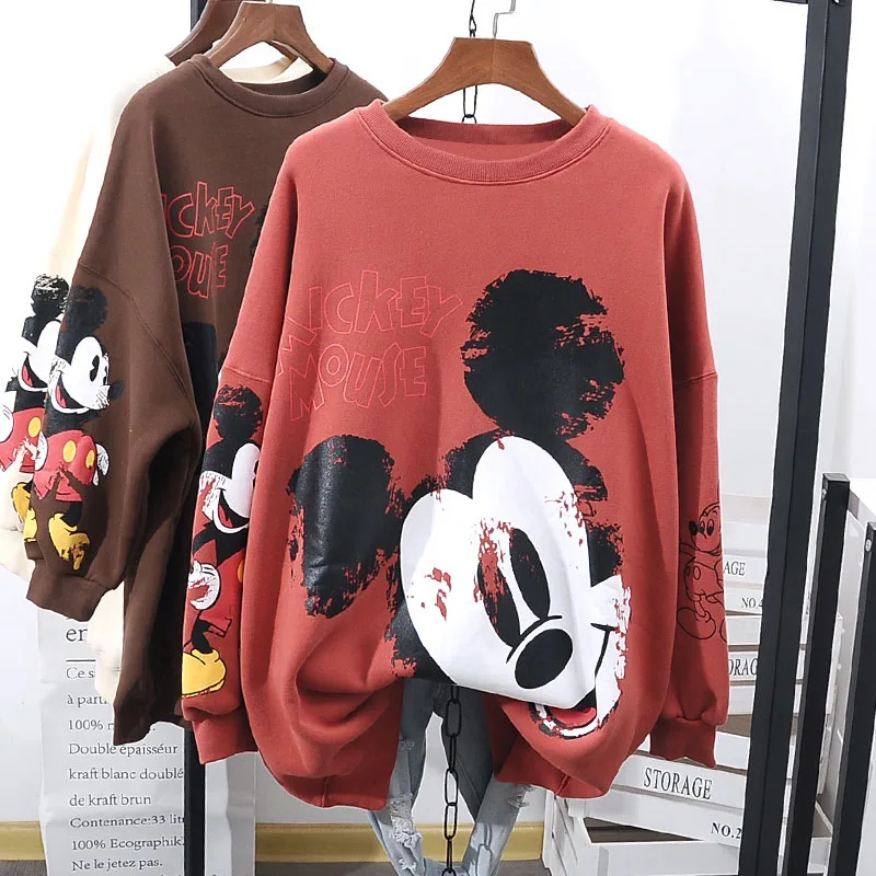 Disney Sweater Women\'s Cartoon Mickey Minnie Plush Thickened Sweater Spring Autumn Loose Korean Hatless Thickened Sweater Trendy