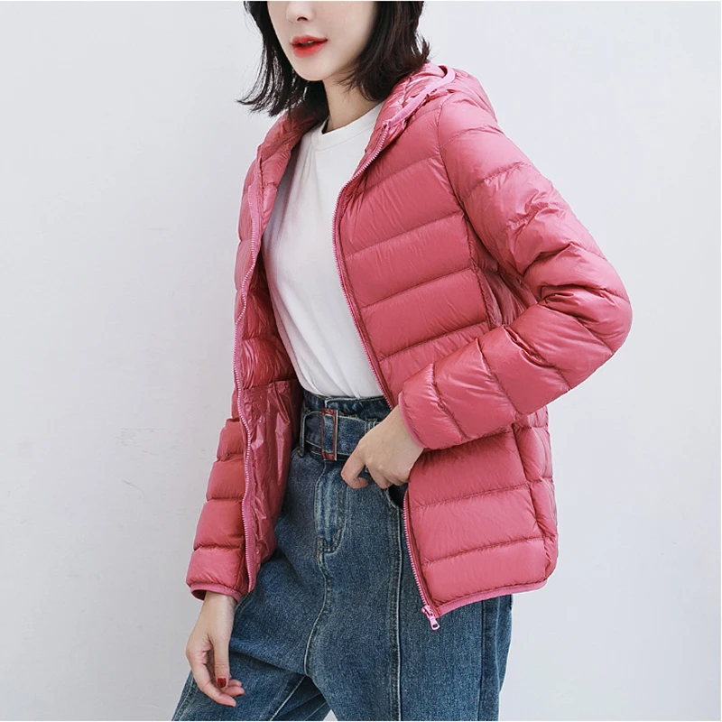 Women 90% White Duck Down Jacket Autumn Female Ultra Light Down Jackets Slim Solid Long Sleeve Hooded Parkas Candy Color