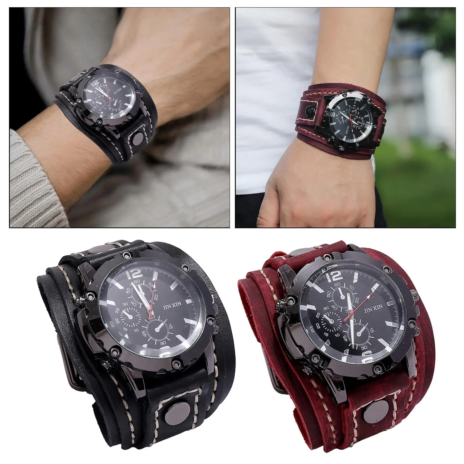 Retro Punk Men Wristwatch Male Watch Bangles Leather Strap Cuff Hybrid Design Quartz for Men Boyfriend Father Colleagues Male