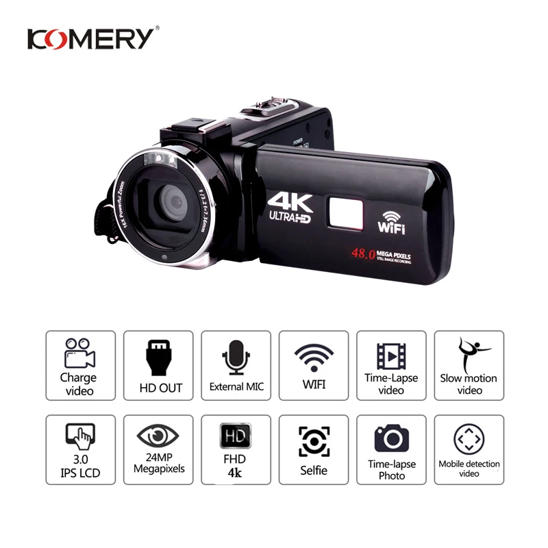 KOMERY 4K Video Camcorder 48 MP Handycam 3.0 Inch LCD Touch Screen 18X Digital Zoom Cam WIFI Night Vision Video Digital Camera