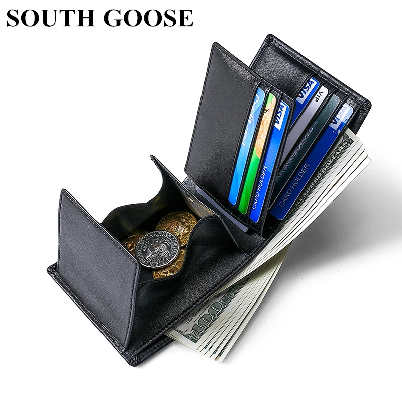 

SOUTH GOOSE Genuine Leather Men Wallets Simple Design Trifold Wallet With Coin Pocket Male Business Credit Card Holder Money Bag