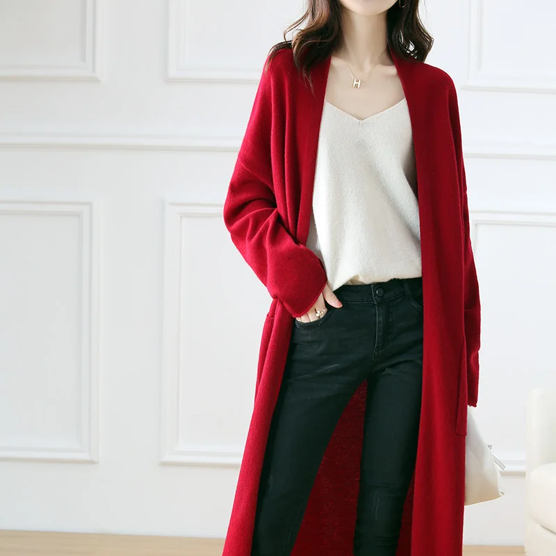 2023 Spring and Autumn Super Long Pure Wool Cardigan Women\'s Loose Large Size Thin Jacket V-neck Long Sleeve Sweater Knitted Top