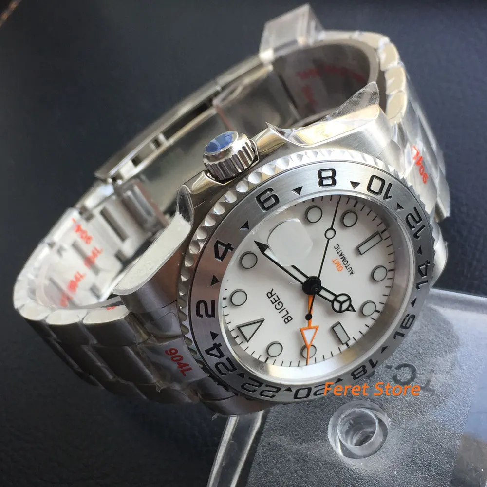 BLIGER New 40mm Men's Top Luxury Mechanical Watch White Dial Sapphire Glass Metal Bezel Date Window Orange GMT Automatic Watch image 4