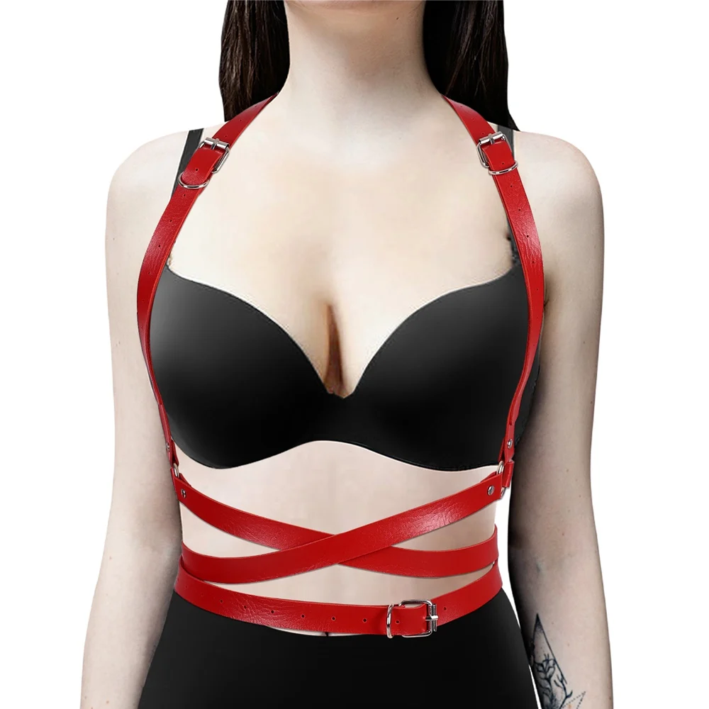 Moda vermelho feminino peito liga cinto cinto de couro cinto harness erótico pastel goth bondage punk suspensórios correias feminino rave wear