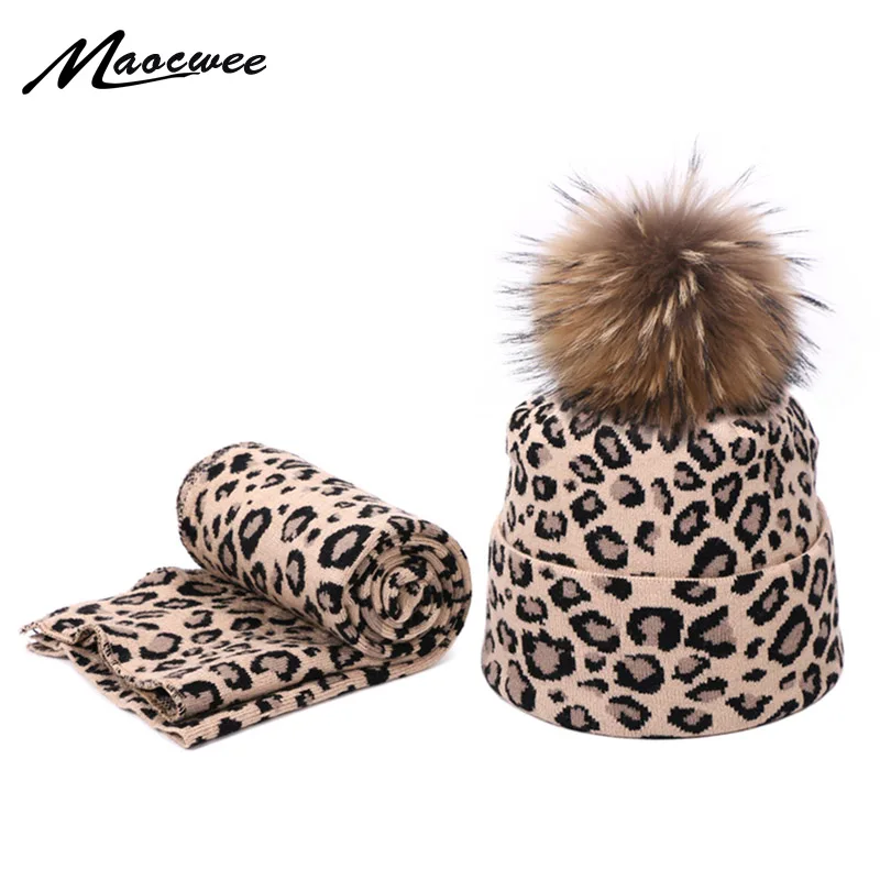 

Fashion Leopard Print Unisex Hat And Scarf Set With Real Fur Pompon Autumn Winter Knitted Beanies Hats For Women Two Piece Sets