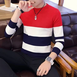 남성용 슬림 스트라이프 스웨터, 한국 청소년 스웨터, 레드 및 블랙, 2 가지 색상 M-XXL, 2022 봄 가을 신입생, 핫 세일