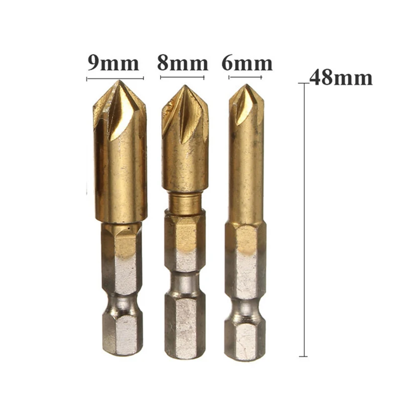 6pc Countersink Drill Bit Set 1/4\'\' Hex Shank HSS 5 Flute Countersink 90 Degree Wood Chamfering Cutter Chamfer 6mm-19mm Tool Set