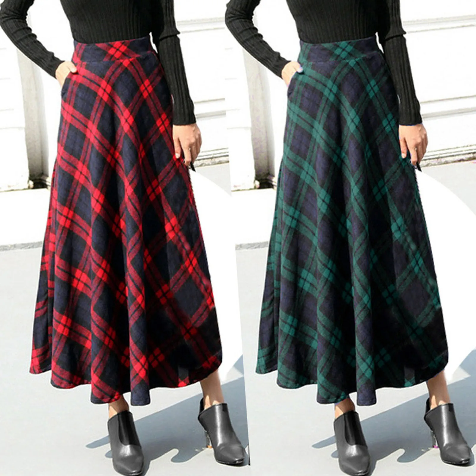 Womens Fashion Casual Skirt High Elastic Waist Maxi Pleated A-line Plaid Winter Warm Flare Long Ankle Skirts Mujer Falda