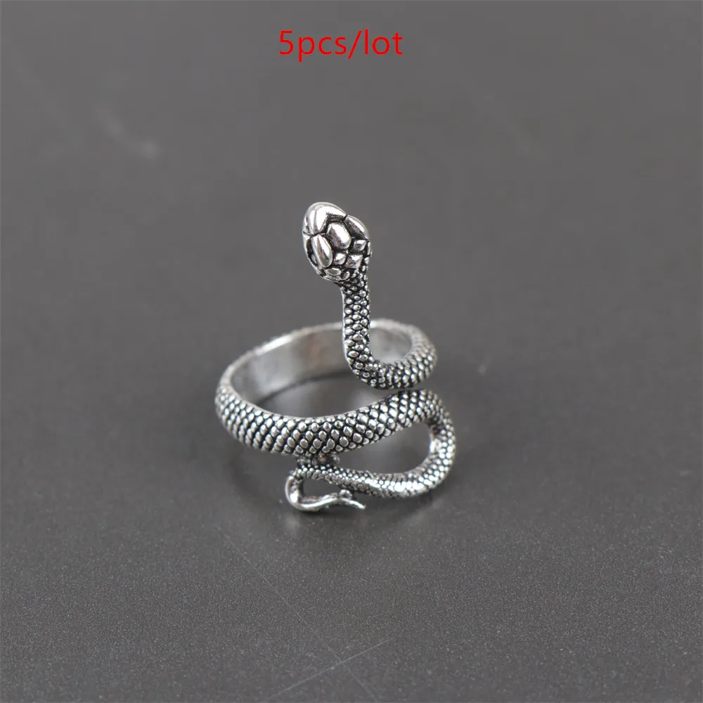 5pcs/Lot Animal Antique Silver Color Snake Dog Dragon Lion Tiger Dog Eagle Crocodile Wolf Metal Rings For Men Women