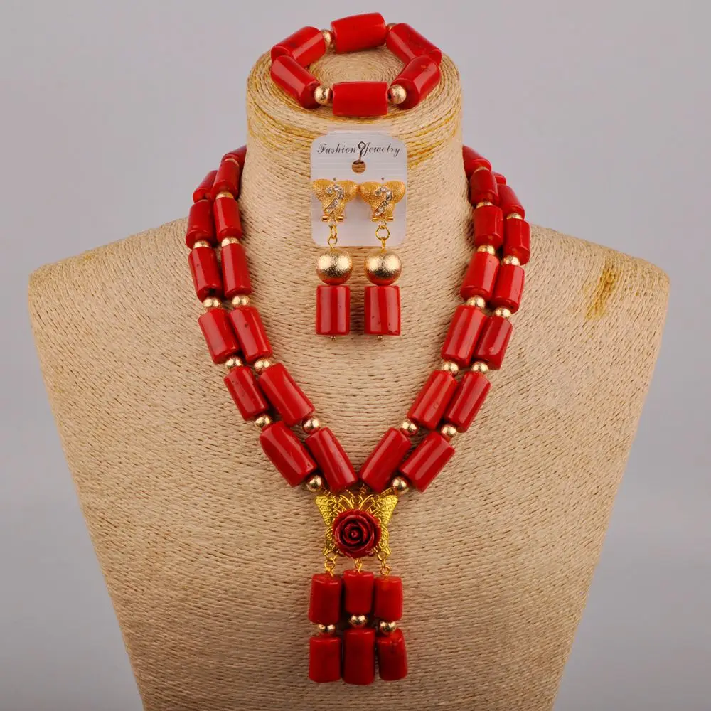 Nigerian Bride Wedding Red Natural Coral Bead Flower Accessories Necklace African Wedding Banquet Wedding Jewelry Set AU-536