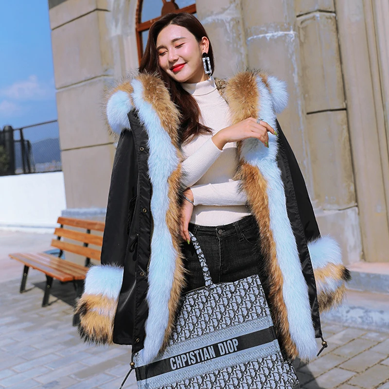 

Pai overcome the new winter coat jacket real fox fur collar hooded fur liner mid-length coat loose casual wear thickening