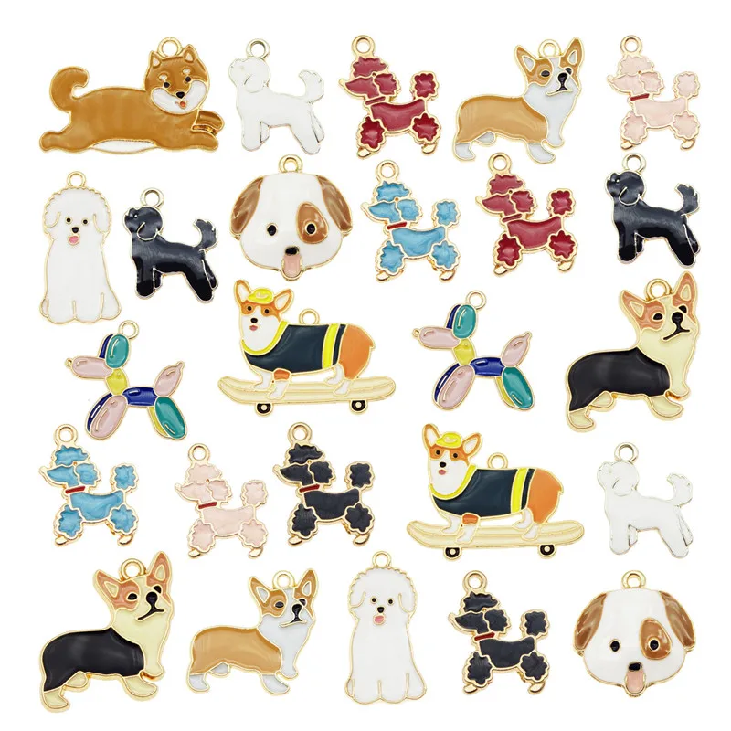 Julie Wang 13PCS Enamel Dog Charms Mixed Corgi Poodle Teddy Shiba Alloy Animal Pendants Jewelry Making Necklace Accessory