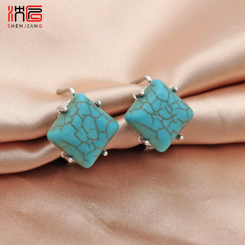 SHENJIANG New Vintage Square Synthetic Turquoises 585 Rose Gold Color Dangle Earrings For Women Wedding Jewelry Fine Gift