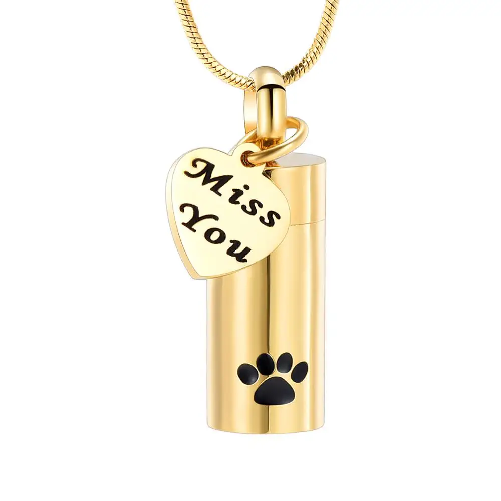 

Miss You My Pet Paw Print Cylinder Urn Necklace For Ashes 316L Stainless Steel Cremation Jewelry Keepsake Pendant