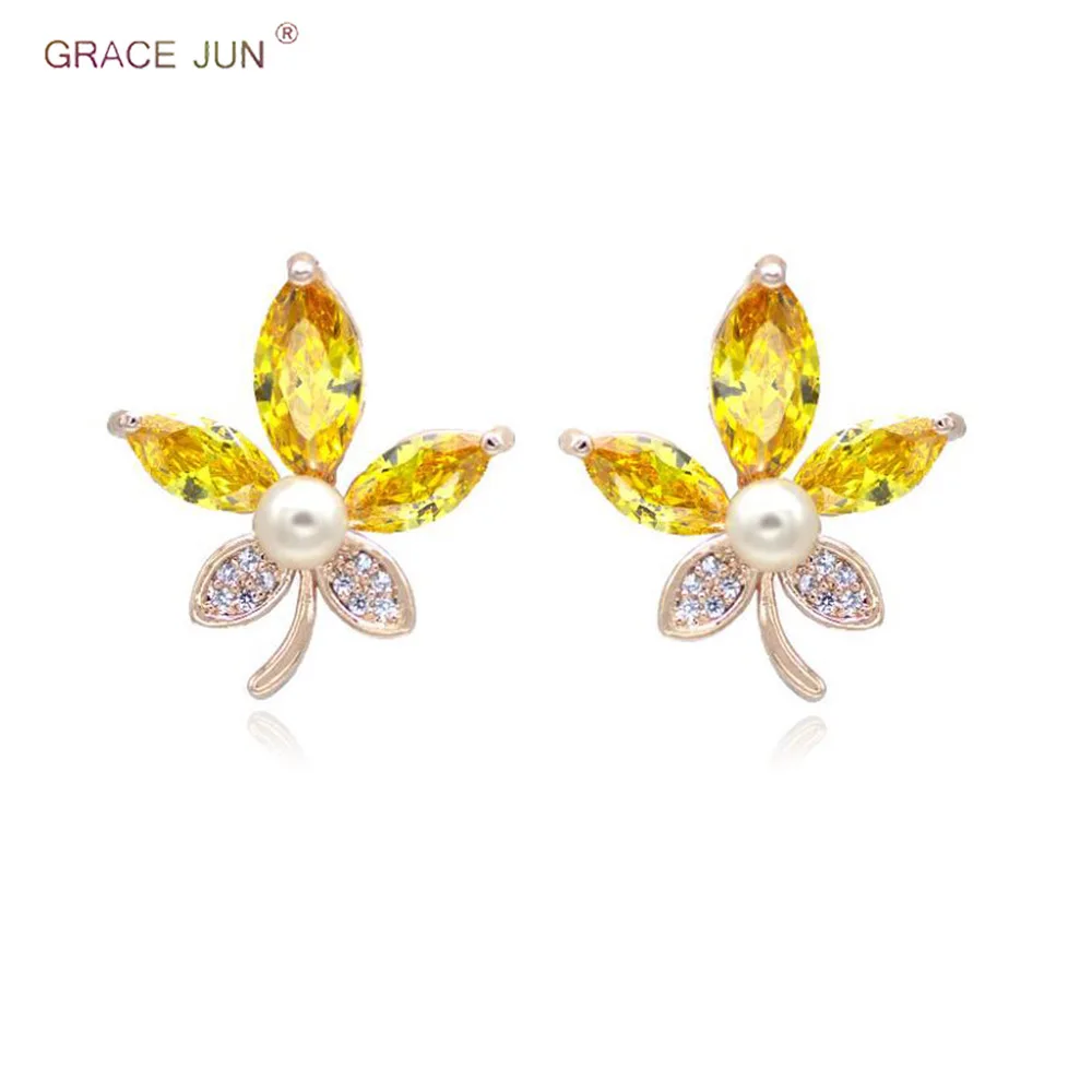 GRACE JUN Gold Color AAA Cubic Zircon Maple Leaf Clip Earrings and Pierced Earrings for Women Elegant Lightweight Earrings New