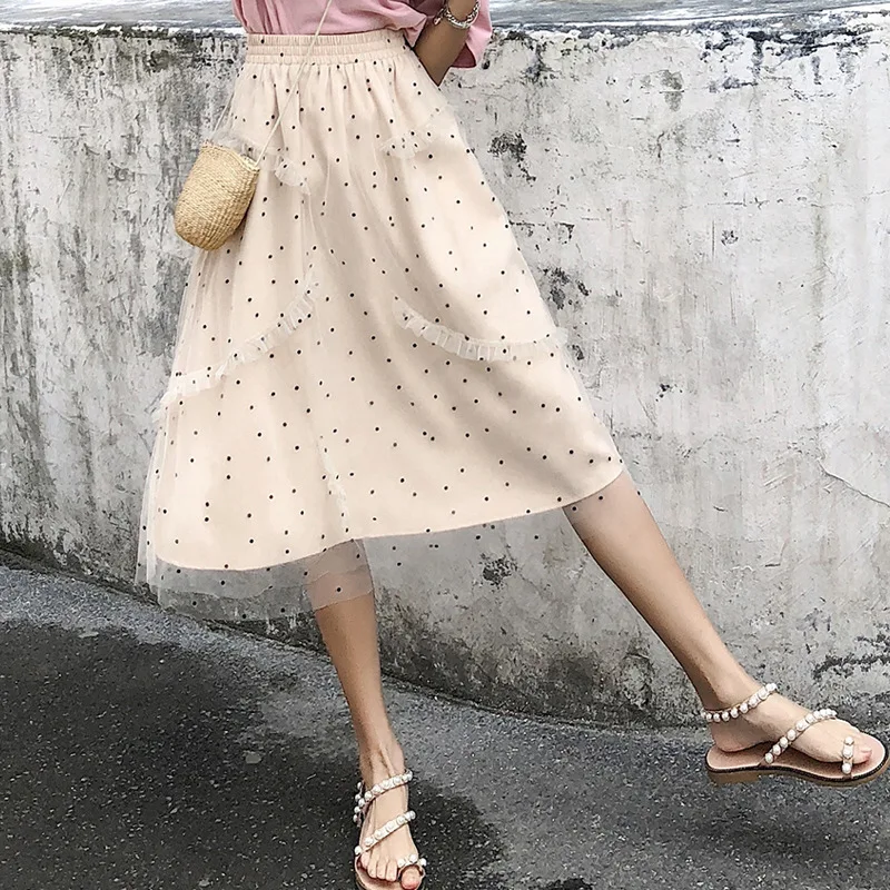 

MRMT 2024 Brand Summer New Women's Skirt Mesh Polka Dot Half-length for Female Pure Color Sweet Chiffon Lace Skirt