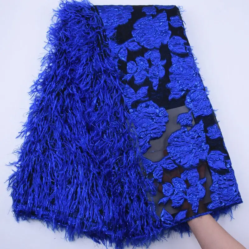 

2024 Latest Royal Blue French Tulle Lace Fabric Fluffy Feather Mesh Lace African Lace Fabric Embroidery For Wedding Dress S1789