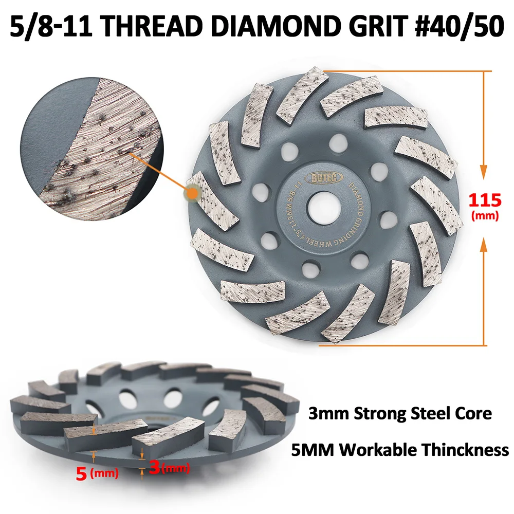 BGTEC 2pcs 4.5inch Diamond Turbo Row Grinding Cup Wheel 115mm Grinding discs for concrete, Masonry, construction material