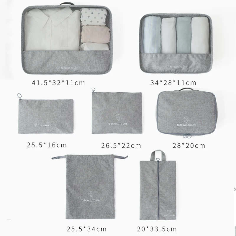 Packing Cube 7Pcs Set Gray Travel Suitcase Storage Bag For Women Clothes Tidy Organizer Pouch Unisex Multifunction Travel Kit