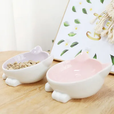 

Cat Rice Bowl Dog Ceramic Bowl Cartoon Cute Elk Protects The Cervical Spine Oblique Mouth Anti-Tipping Pet Bowl Pet Supplies