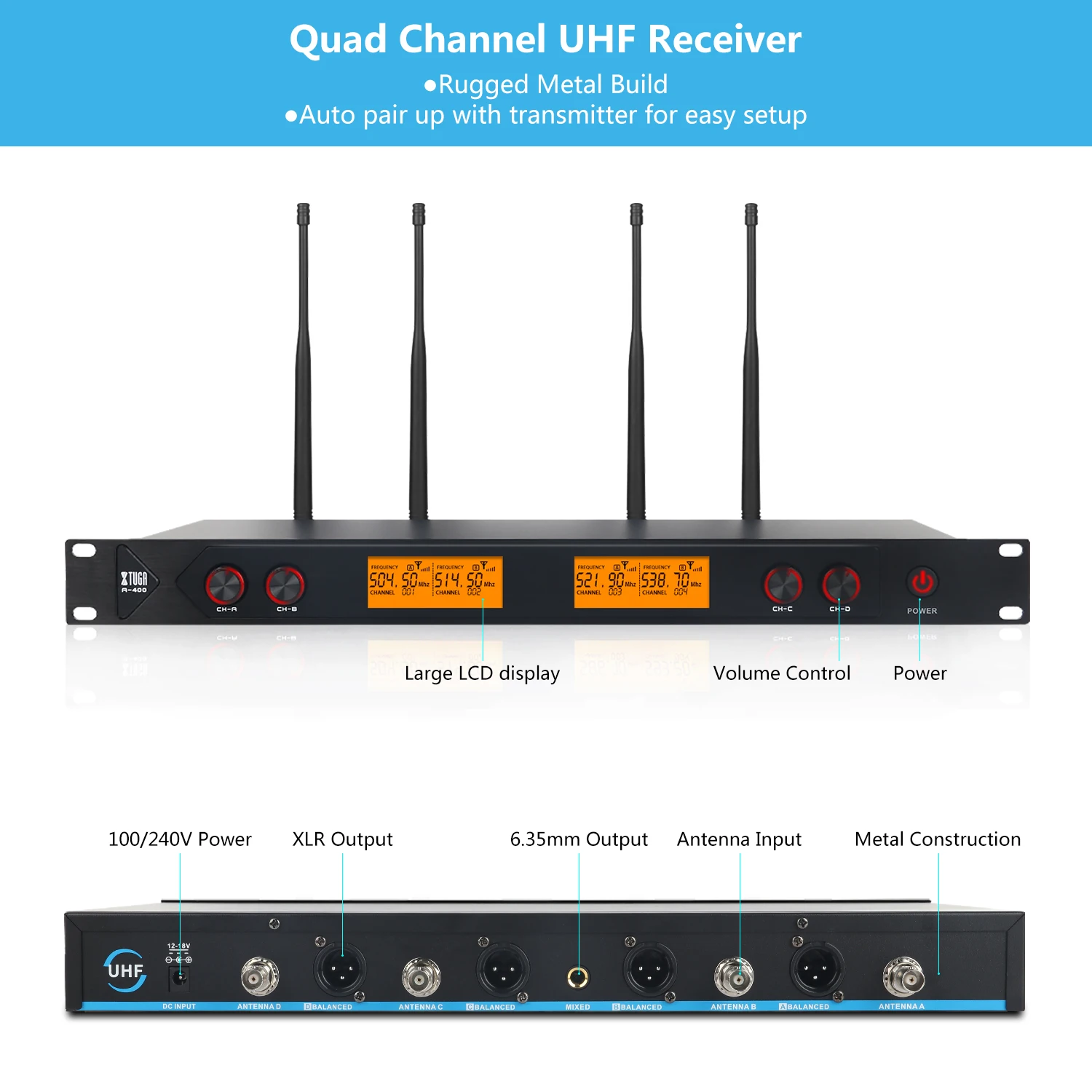 XTUGA A-400 Metal Material 4-Channel UHF Wireless Microphone System with 2 BodyPack and 2 Handheld for Stage Church Family Party