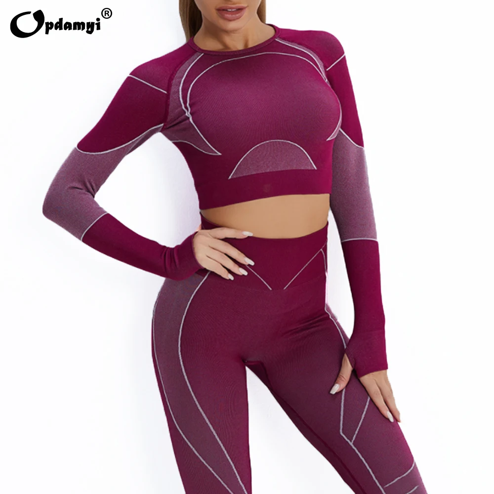 Women\'s Tracksuit Workout Outfits Set Sexy High Waist Leggings Long Sleeve Crop Tops Active Yoga Sets Female Sport Gym Clothes