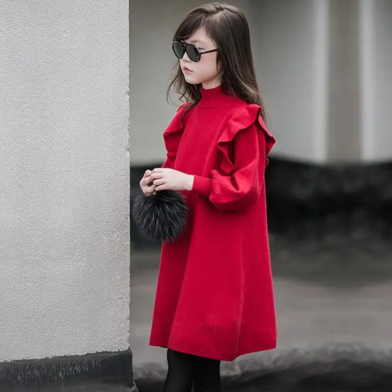 2024 autumn spring Child lace Kid Girls Clothes Red Knitted Ruffles Teenager Long Sleeve Sweater Dress 7 8 9 10 11 12 13 14 Year