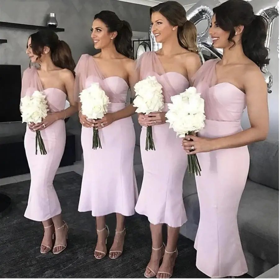 Short Dusty Pink Bridesmaid Dresses One Shoulder Sheath Tea Length Customize Maid Of Honor Dress Plus Size Wedding Party Gowns