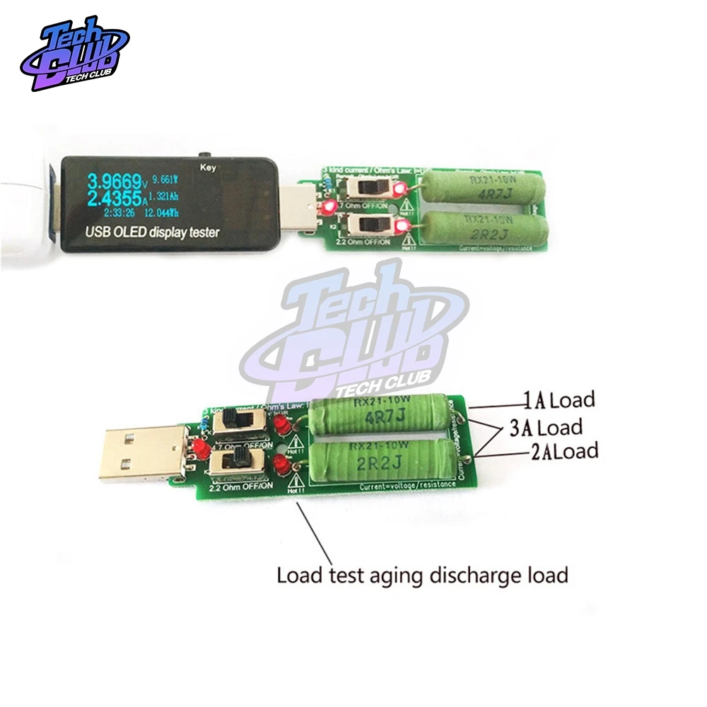 5V USB resistor dc electronic load With switch adjustable current 1A/2A/3A battery capacity voltage discharge resistance tester