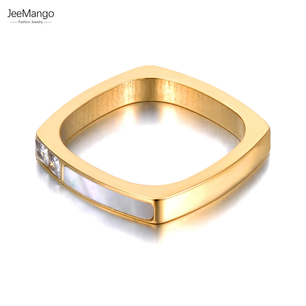 JeeMango Titanium Stainless Steel Geometric Square Cubic Zirconia Rings 18K Gold Plated Bohemia Shell Ring For Women JR21028