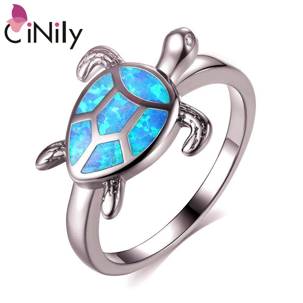 CiNily Fashion Jewelry Luster Blue Fire Opal Rings Lovely Tortoise Silver Plated for Woman Cute Jewelry Ring Size 6-7