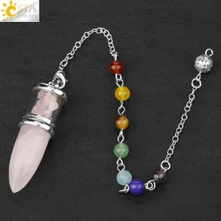 CSJA Natural Stone Pendulum Wishing Bottle Bullet Shaped Pendant 7 Chakra Chain for Divination DIY Necklace Healing Jewelry G283