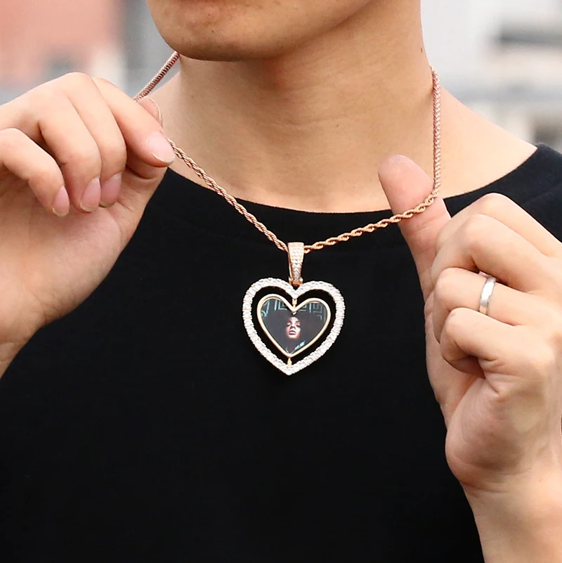 Custom Photo Pendant Necklace Heart Medallions Cubic Zirconia Rotating Double-Sided Custom Photo Gift For Mens Hip Hop Jewelry